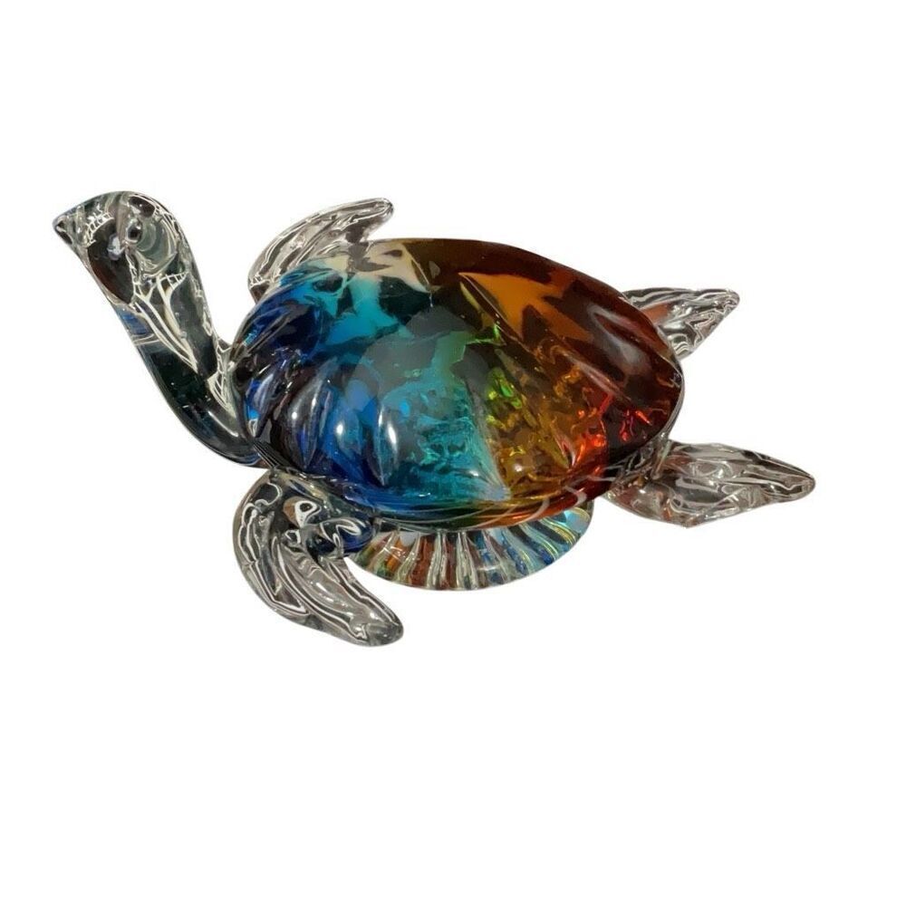Vinci Colored Art Glass Sea Turtle Pedestal Base Brown Blue Yellow Green Heavy